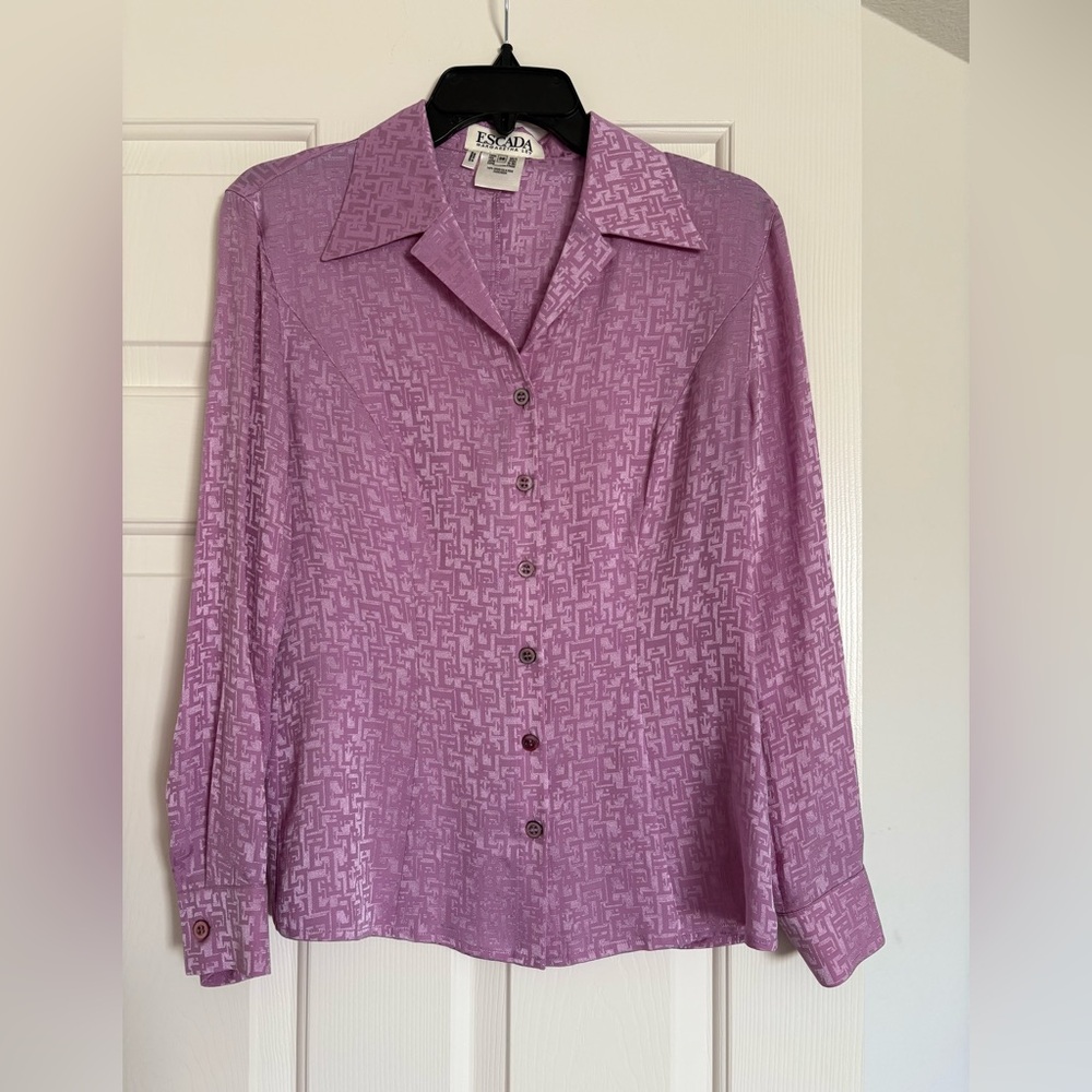 Escada Margaretha Ley 100% Silk Lilac Purple Long Sleeve Button Top✨Sz 38